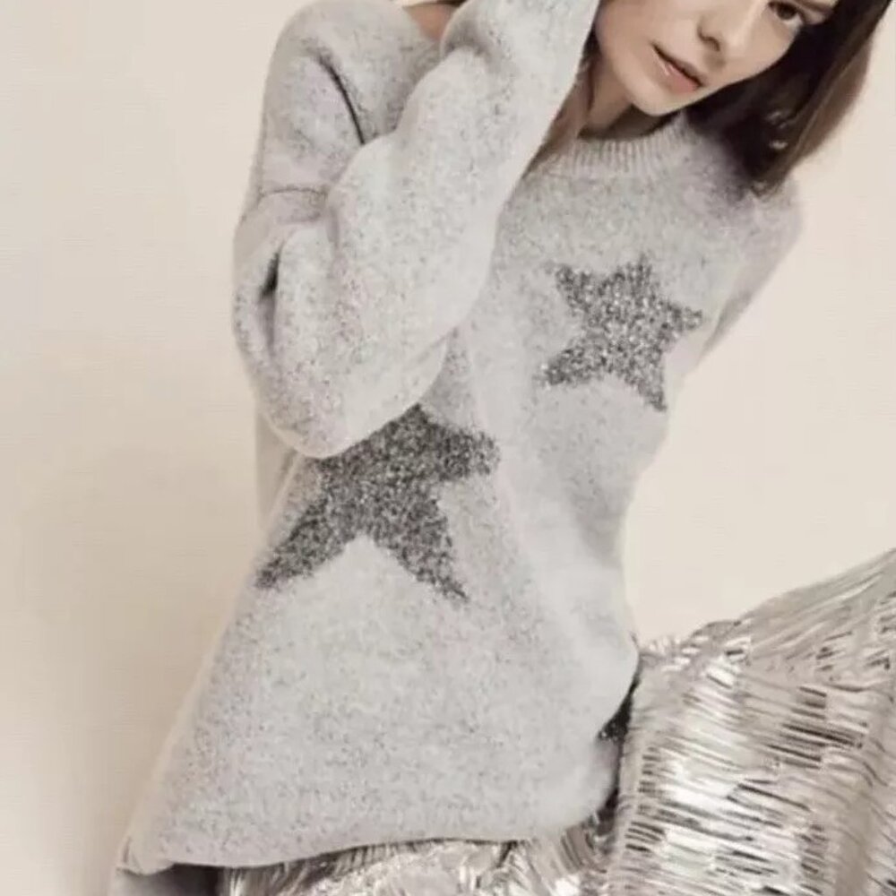 Anthropologie Lili's Closet Oversized Tunic Sweater Star Gray Metallic M